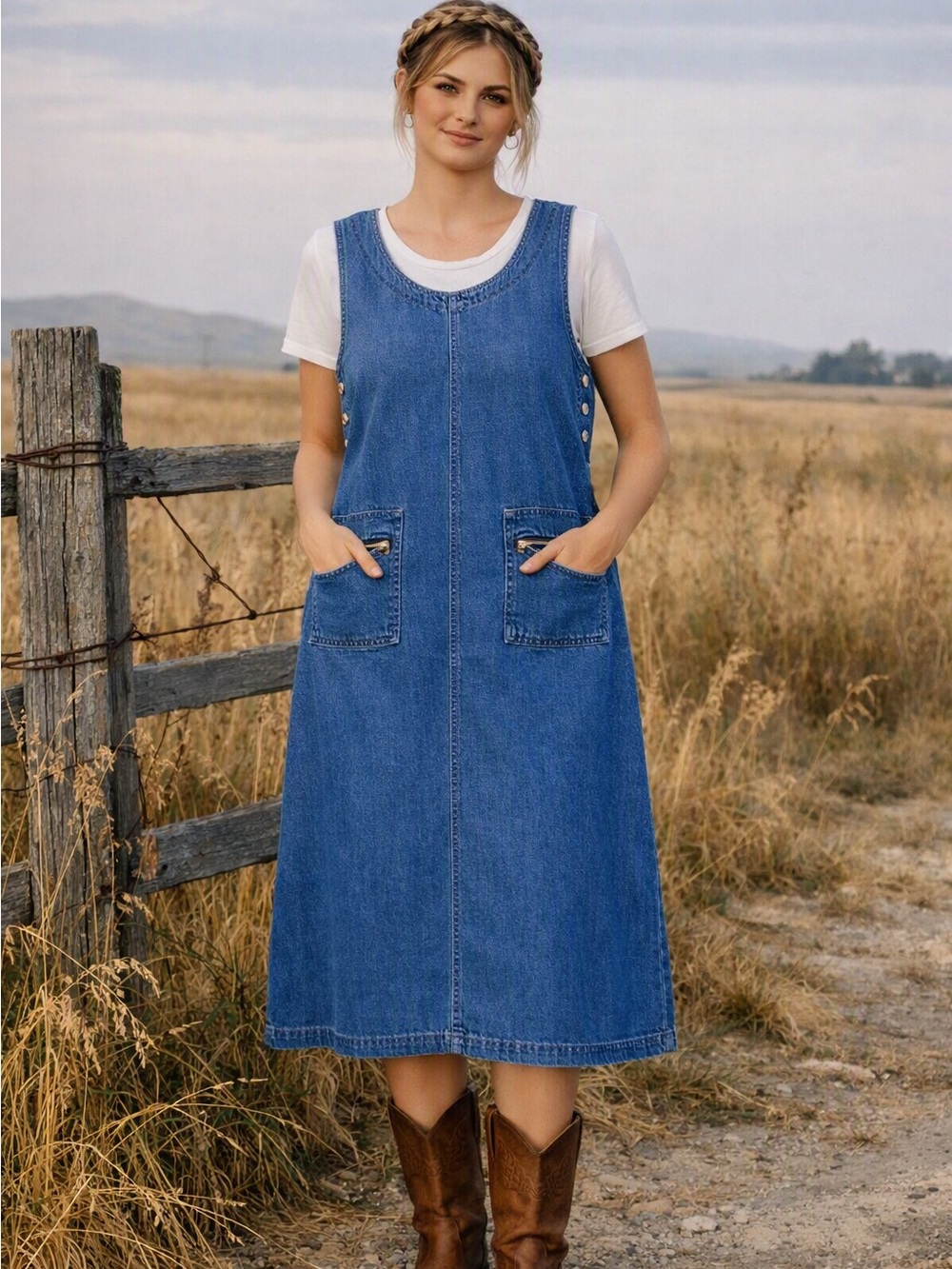 Vintage TY2 Denim Jumper Midi Dress Sz 20W Blue Shift Cotton 90s Modest Prairie